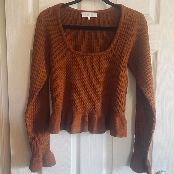 WAYF Square Neck Ruffle Peplum Sweater Top - Rust M - Picture 7 of 10